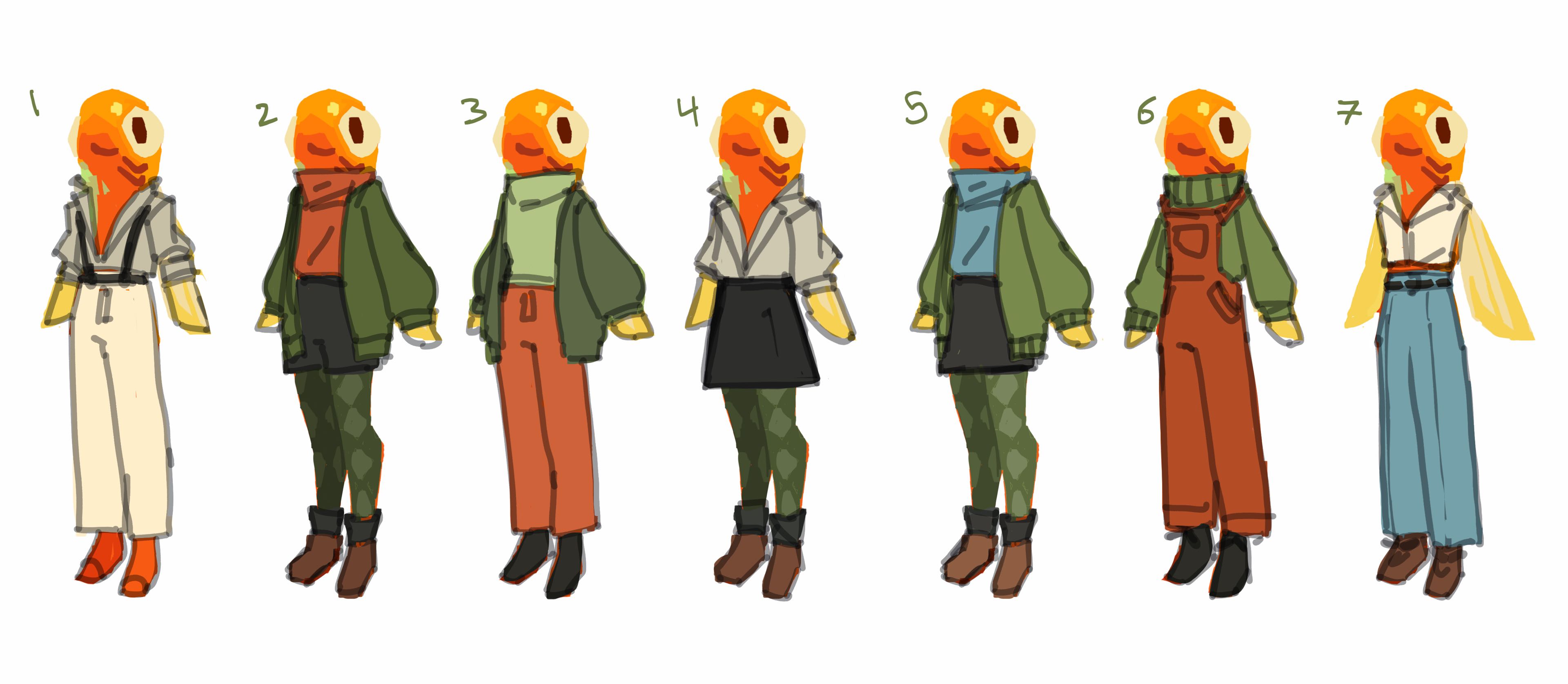 Goldfish outfit concepts, by Alex Ward