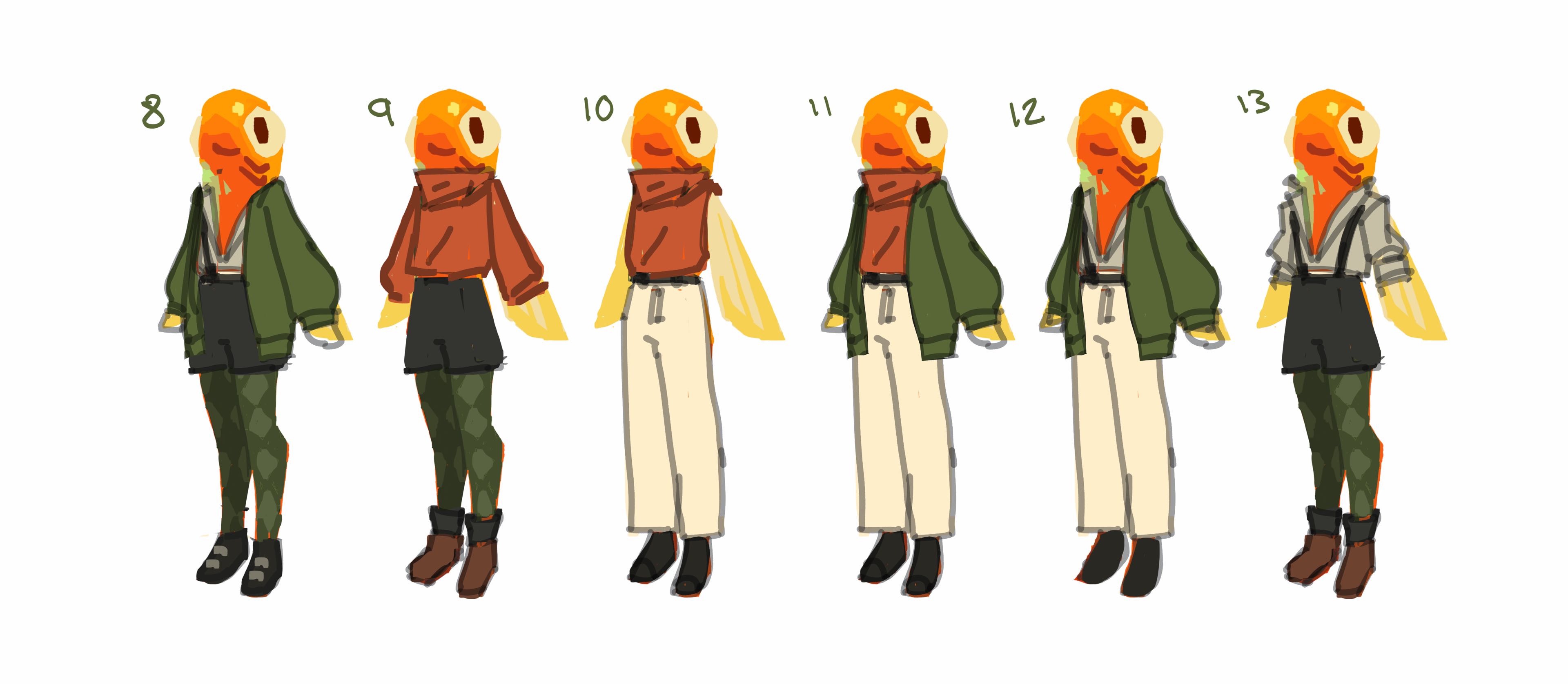 Goldfish outfit concepts, by Alex Ward